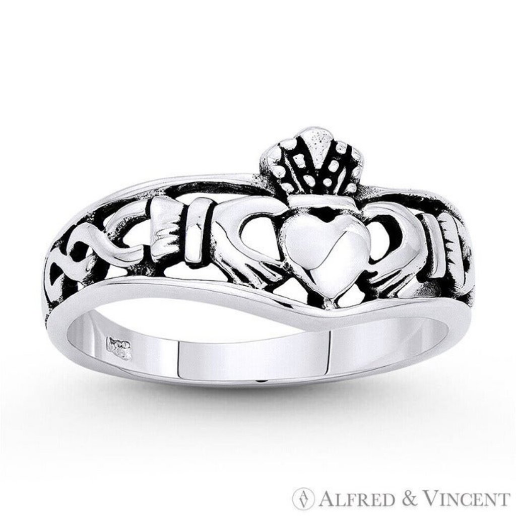 Irish Claddagh Celtic Knot Curved Band In 925 Sterling Silver - Size 8 35$